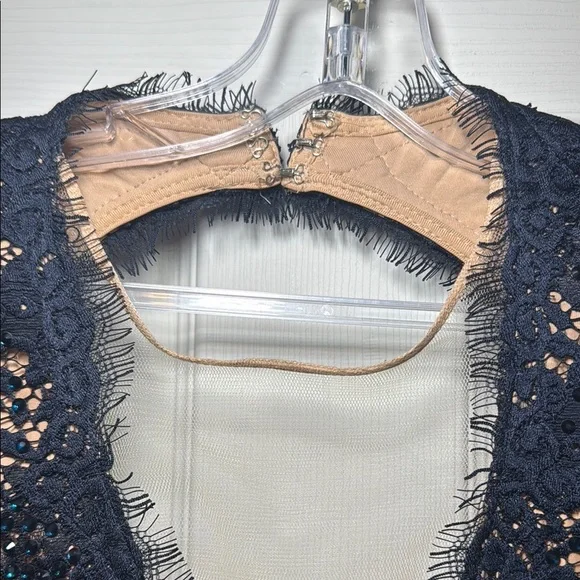 Navy Blue Evening Gown Nude Lining with Lace Overtop Beaded Plunging Neckline - Picture 5 of 16